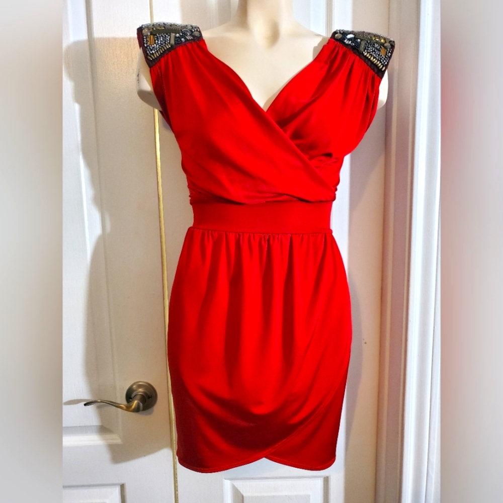 Red, silky, above the knee, dress with shoulder embellishments by MP Black metro